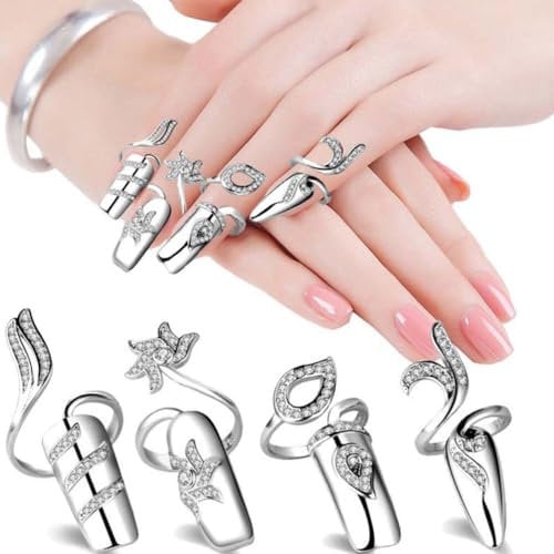 FRCOLOR 8 Pcs Women Finger Nail Ring Fingernail Rings Crystal Rhinestone Nail Cap Cover Ring Nail Art Charm for Women Girls (Random Style)