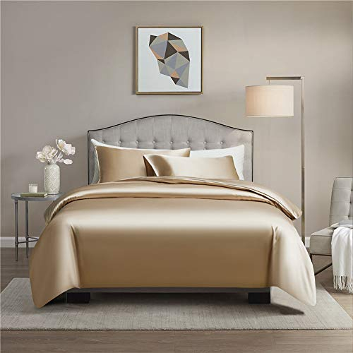 Gnomvaie Luxus Satin Bettbezug 220x240 cm, 3 Teilig Gold Glatt Glänzend Seidig Angenehm Glanzsatin Polyester Bettwäsche Set mit Kissenbezug 80x80cm