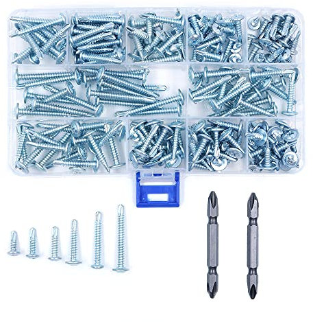 Box of 210 ZONADAH M4.2 Self Drilling Tek Screws with Screwdriver Bits Kit for Metal in 11 Sizes, Galvanised Flat Head Carbon Steel Flat Head Self Drill