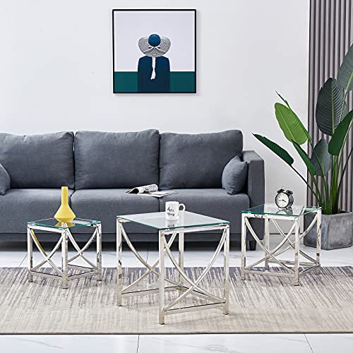 JaHECOME 3er Set Couchtisch Beistelltisch Satztisch aus Edelstahlgestell und Hartglas für Wohnzimmer modernes Design Sofatisch (Transparentes Glas)