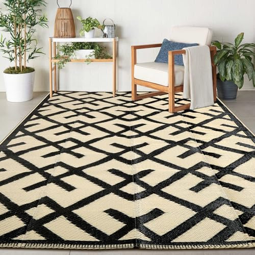 Reversible Mats - Plastic Straw Rug, Outdoor Rug for Patio Clearance Decor, Modern Area Rugs, Floor Mat for Outdoors, RV, Backyard, Deck, Picnic, Beach, Trailer, Camping, Black & Beige, 5' x 8'