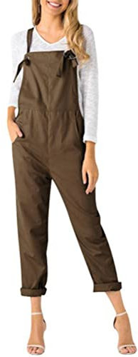 Onsoyours Salopette Donna Estiva Lunga Tutine Eleganti Cotone Lino Pagliaccetti Overall Boho Floreale Stampa Tuta Pantaloni Senza Maniche Casual Jumpsuit con Tasche B Marrone XS