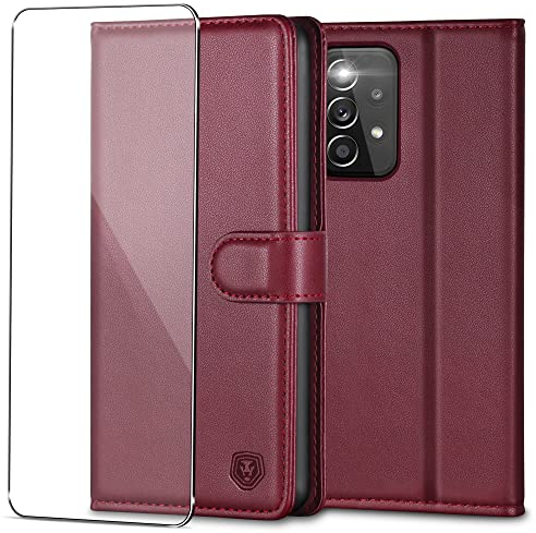 Handyhülle für Samsung Galaxy A53 5G Hülle mit Panzerglas Schutzfolie Premium PU Leder Klapphülle Brieftasche Kartenfach Ständer Magnet Etui Handytasche Case Schutzhülle für Samsung A53 5G - Weinrot