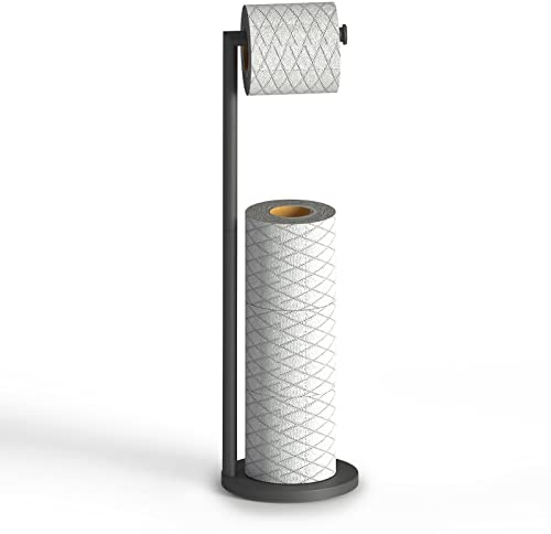 Top-spring Toilet Roll Holder Free Standing Toilet Paper Holder Stand with Reserve, Stainless Steel Anti Rust Freestanding Toilet Tissue Roll Dispenser Holds 3-4 Paper Rolls, Bathroom Storage (Black)