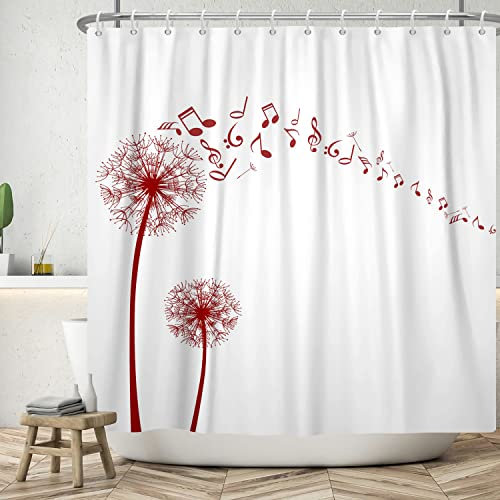 Ttincceer 152x183cm Rideau de Douche Romantique Pissenlit Plante Rouge Pissenlit imperméable Rideau de Douche Ensemble Notes de Musique Rideau de Bain Minimaliste Rideau de Baignoire Lavable