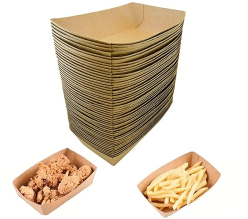 nuumee 50 Pack Oil Proof & Waterproof Disposable Food Trays, 12x6x3.5cm Brown Kraft Paper Takeaway Boxes, Convenient Eco-Friendly Containers for BBQ, Chips, Burgers, Hot Dogs, Catering & Parties