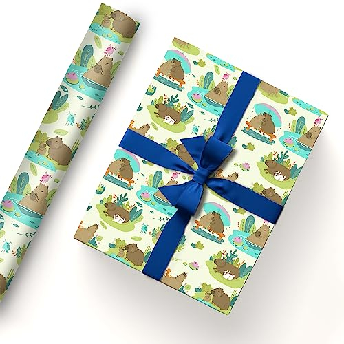 InThink Capybara Geschenkpapier, 50,8 x 76,2 cm, Kraftpapier, langlebiges Capybara-Geschenkpapier, Packung für Kindergeburtstag, Party, festliche Dekoration (glückliches Baden), 5 Stück