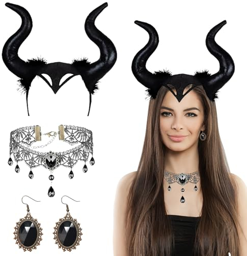 GAROMIA 2 Hörner Kopfschmuck Halloween Haareif Horn Kopfbedeckung Gothic Retro Spitzenhalskette Teufelhörner Königin Hörner Kostüm Schwarz maleficent Haarband Stirnband Teufel
