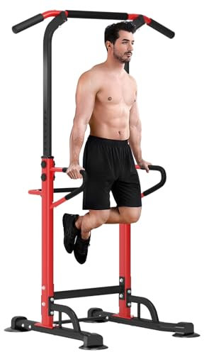 SogesPower Power Tower Klimmzug- und Dip-Station, höhenverstellbar, Krafttrainingsgeräte für das Heimfitnessstudio, Schwarz und Rot