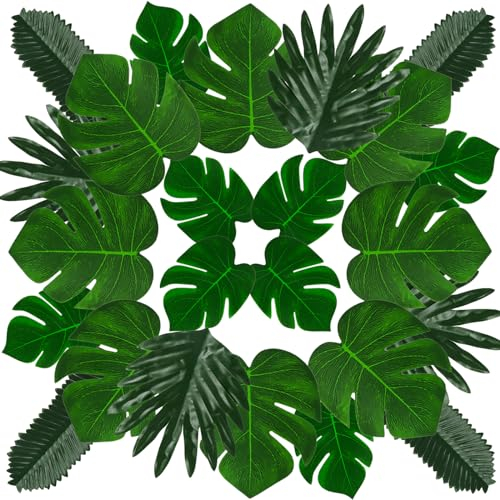 QUOZUO 48 Stück Monstera Pflanze Künstlich Palmenblätter Grün Tropische Blätter Dekorationen Palmblätter für Dschungel Strand Geburtstag Luau Hawaiian Party Dekorationen