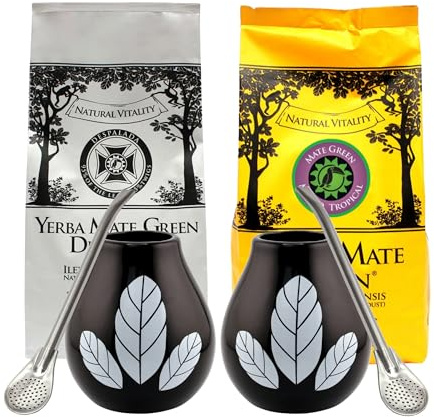 Yerba Mate-Tee Set für Zwei ● 200g Green Mas IQ Tropical ● 200g Green Despalada ● 2x Keramik Becher Hoja 350 ml ● 2x Edeltahl Trinkhalm