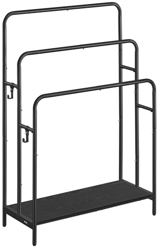 VASAGLE Handtuchhalter, stehend, Handtuchständer 3 Stangen, 70 x 30 x 100 cm, 2 Haken, Ablage, für Decke, Badetücher, tintenschwarz-ebenholzschwarz LLS019B01