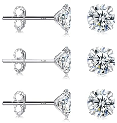 Ecripe 3 Paar 925 Sterling Silber Ohrringe für Frauen, Hypoallergen Cubic Zirkonia Ohrstecker Set, Komfortable Ohrringe Echt Silber Geschenk für Damen (Silber 5mm)