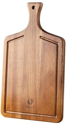 Bill.F Planche à découper en bois d'acacia, planche à découper en bois avec éviers spéciaux, planche à découper en bois de qualité professionnelle avec poignée antidérapante (23 x 39 x 2,5 cm)