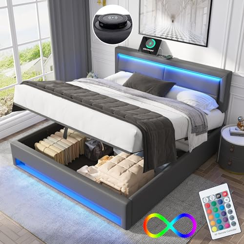Lit 140 x 190 avec Sommier LED et USB, Coffre de Rangement et Tête de Lit, Double à Lattes pour 2 Personnes, Capitonné avec Cadre (Sans Matelas)
