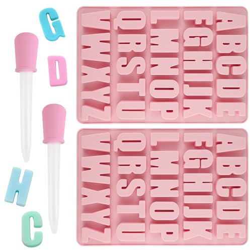 2 stampi grandi in silicone con 26 lettere dalla A alla Z, riutilizzabili, per torte, cioccolato, lettere commestibili, antiaderenti, per torte, cioccolato, con 2 contagocce, per decorazione torte