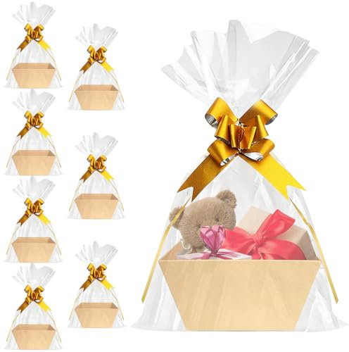 AIHSUMC 8 Stück Präsentkorb Leer, Große Geschenkkorb Pappe mit Griffen, Körbe für Geschenke mit Transparenten Geschenktüten und Zugschleifen für Blumen Kunsthandwerk Halloween Erntedank Weihnachten