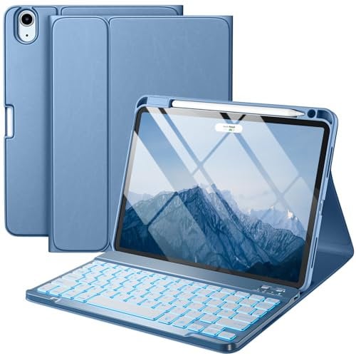 Vobafe Case with Keyboard for iPad Air 11 inch 2025 2024 M3 M2/iPad Air 5 4 2022 2020 10,9 inch, 7 Color Backlight Wireless Detachable Folio Keyboard Cover with Pencil Holder, UK Layout, Blue