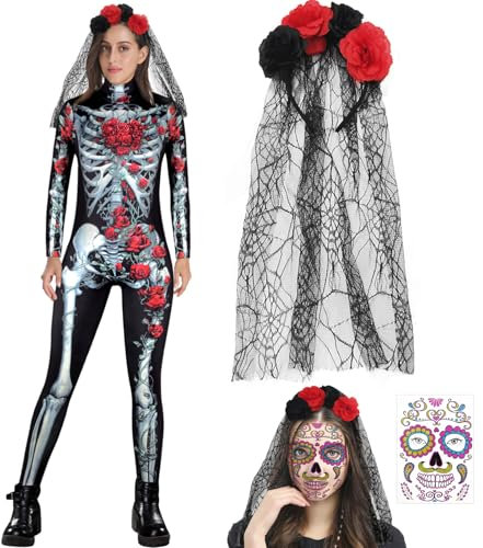 Costume de squelette Lady Skull, Combinaison de squelette de rose, Body squelette effrayant sexy pour femme, tatouage Dia De Los Muertos, Serre-tête et voile pour Halloween, fête costumée, jeu de rôle
