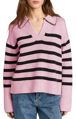 Saodimallsu Damen Strickpullover Gestreifte V-Ausschnitt Pullover Lässig Langarm Pulli Sweater, Rosa, S