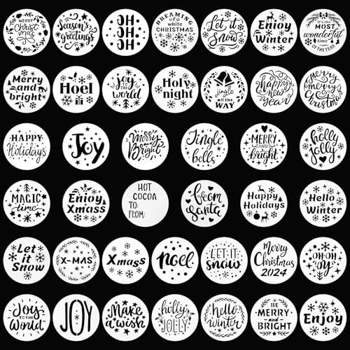 40pcs Pochoirs de Noël pour la Peinture, 7,6x7,6cm Ronds Réutilisables Petits Pochoirs Joyeux Noël Faciles à Nettoyer pour Bois Verre Artisanat Décoration Bricolage