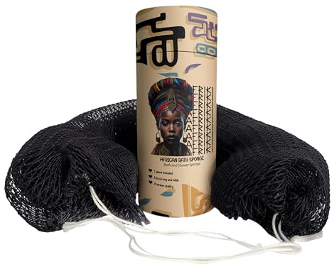 AFRIKI African Net Sponge – Exfoliating Body Scrubber, Black Owned & Rooted in Africa, All Skin Types | 45 in Long (Black)