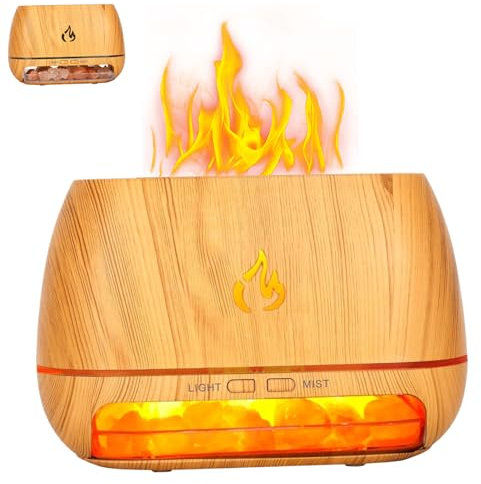 Salt Lamp Diffuser 3 in 1 200ML Ultrasonic Essential Oil Diffuser Simulation Flame Humidifier Colorful Light Mist Diffuser Wood Grain Aroma Diffuser for Office Home