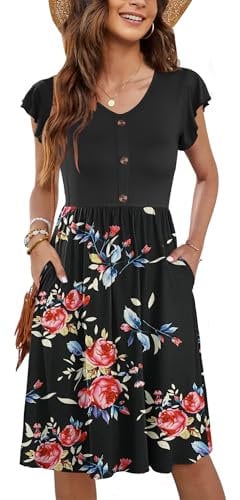 MOLERANI Damen Sommerklieid Rüschen Ärmel Freizeitkleid Elegant V-Ausschnitt Midikleid Casual Strandkleid Damen Knielang mit Taschen Rose Schwarz XL
