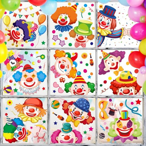 BOOMTOP 9 Blatt Fensterbilder Selbstklebend Clown Fenster Aufkleber Karneval Fasching Fenster Abziehbilder Sticker Geburtstagsparty Clown Deko Kinderzimmer Fenster Aufkleber Party Dekoration Stil B