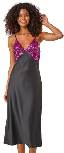 Dusk Fashion Sequin Top Satin Midi Dress for Women UK - Ladies Everyday Autumn Winter V-Neckline Comfy Soft Evening Vacation Work Party Night Out - Pink - Size 8