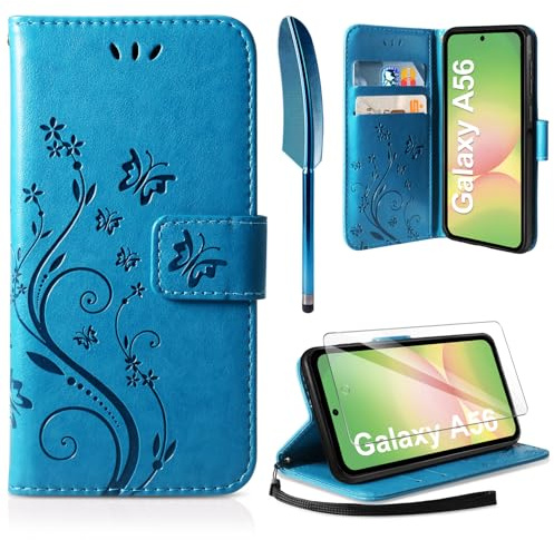 AROYI Lederhülle für Samsung Galaxy A56 5G Hülle und Schutzfolie | Blau Flip Wallet Handyhülle PU Leder Magnet Ständer Tascher Kartenfach Case Schutzhülle