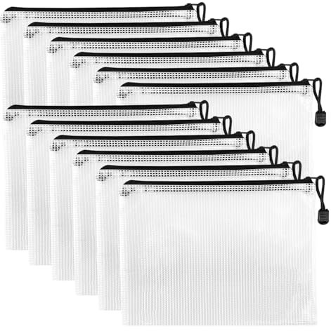 Crihovy 12 Pcs Dokumententasche mit Reißverschluss A4, Wasserdichte Document Case, Mesh Plastic Zip Bag, Reißverschlusstasche, Zipper Pockets für Datei,Papier, Quittungen, Kosmetika, Schwarz