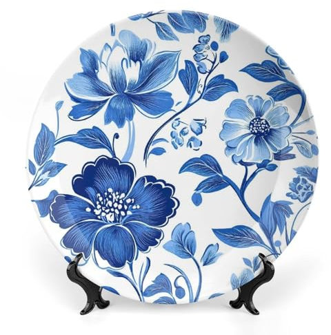 Blue Ceramic Decorative Plate, Decorative Dish with Stand, Paint Bone China Decorative Plates Art Porcelain Plate for Living Room Hallway Table Decor