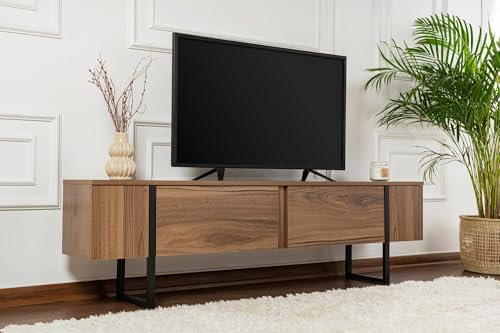 Dmora - Meuble TV Colzate, Buffet de Salon, Armoire Basse pour TV, Base Murale de Rangement, 180x30 h50 cm, Noyer et Noir