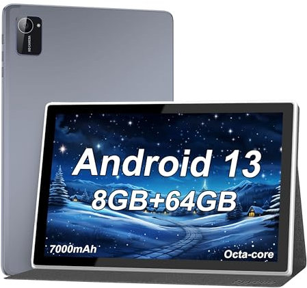 Tibuta BYYBUO Android 13 Tablet,10.1 inch Tablet with Case, 64GB ROM Quad-Core Processor 7000mAh Battery, 1280x800 IPS FHD Touchscreen 5MP+8MP Camera, Bluetooth, WiFi, SmartPad GrayBlue