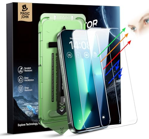 MAGIC JOHN 2 Stück für iPhone 13 Pro Max/iPhone 14 Plus (6,7 Zoll) Displayschutz Augenschutz Anti-Blaulicht, HD Klar,Auto Dust-Elimination, 9H-Gehärtetes Glas & Kratzfest, Vollständige Kantenabdeckung