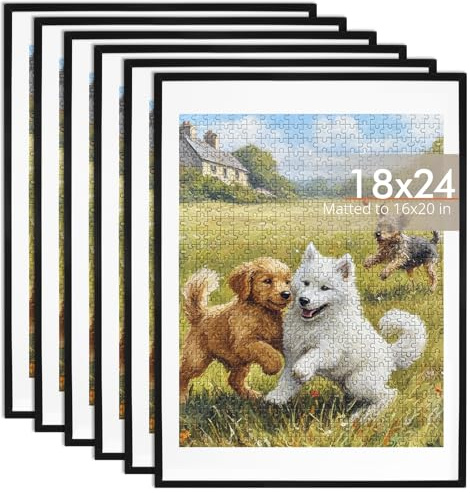 Fixwal 18x24 Poster Frames Set of 6 with Shatter Resistant Plastic Cover, Thin Border Light Weight Picture Frame for Wall Gallery Display, Puzzle Frame for 500 Pieces Finished Puzzles, Black