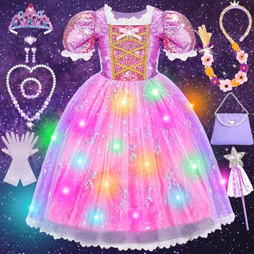 iKidiki Deguisement Raiponce Fille, Carnaval Cadeau Fille 3 4 5 Ans Robe Princesse 4-6 Ans LED Lumineuse Deguisement Princesse Filles Noel Cadeau Costume Princesse Avec Baguette Magique Couronne