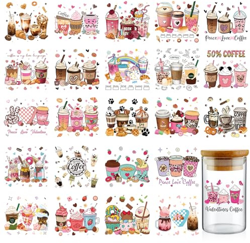 INCOK Transferaufkleber zum Aufreiben – 24 Blatt für Kaffee-Getränke, UV-DTF-Becher-/Teetassen-Aufkleber für 473 ml Glas, Erdbeer-Milch-Teetasse, Transferaufkleber, DIY-wasserdichte Aufkleber