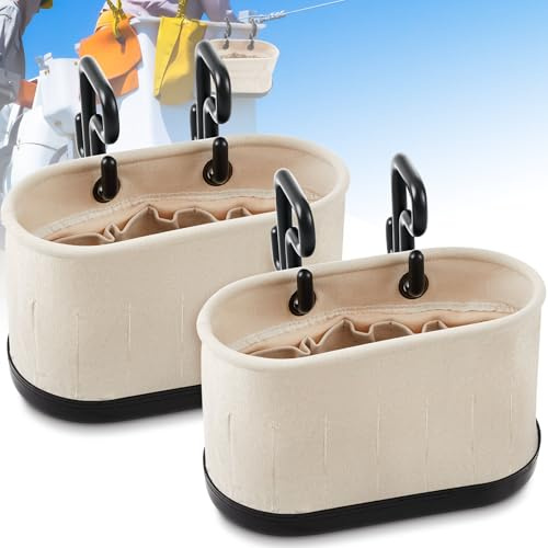Vesici 2 Set White Canvas Lineman Tool Bucket Bag with Hook, 15 Pockets | Aerial Oval Organizer Bag for Electrician Scissor Lift Tool Tray, Black Polypropylene Bottom, Construction Maintenance Sites