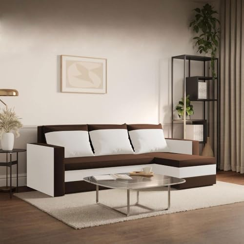 FORNIRO 24 Loft Ecksofa 225x130x75cm Braun Wohnzimmer Couch Schlafsofa | Mit Schlaffunktion & Bettkasten - L-Form - Kissen - Stoff Basic | ausziehbar Gäste bequem Stauraum Design hochwertig Eckcouch