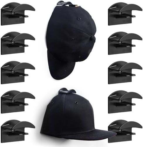 Cap Halterung Wand 10er Set Schwarz – Premium Basecap & Hut Aufbewahrung – 2 Montageoptionen Selbstklebend ohne Bohren oder mit Schrauben – Robuster Wandhaken mit Stil Cap Aufhängung Mützenhalter
