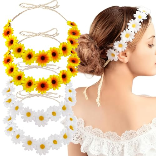 Ypkia 2 Stück Sonnenblumen Stirnband+2 Stück Gänseblümchen Stirnbänder Damen Verstellbar Böhmisches Blumen Kopfschmuck für Fasching Karneval Party Kostüm Zubehör