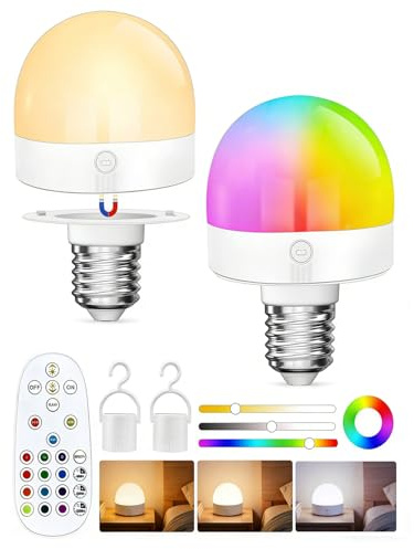 Aufladbare Glühbirne E27 Akku Glühbirne Mit Fernbedienung, Wiederaufladbare LED Glühbirne Mit Batterie USB-C Magnetisch, 12 RGB Farben + 3 Farbtemperaturen Dimmbar, 2000mAh Timerfunktion, 2 Pack