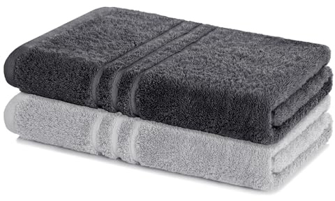 Lavea® 2er Badetuch 100x150 cm - Anthrazit & Silber | 100% Baumwolle, Großes Duschtuch, saugstark, weich und hautfreundlich, Frottierserie Elena, waschbar und strapazierfähig