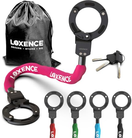 LOXENCE Antivol Trotinette Electrique, Antivol Velo 92cm avec 3 clés (Rose) | Cadenas Trottinette Electrique Haute Sécurité, Antivol Menotte avec Sac à Cordon, Cadenas Clé pour Scooters, Vélos