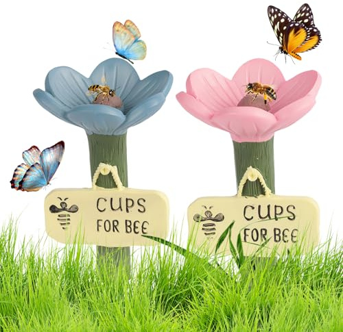 2Pcs Bee Watering Station for Garden - Resin Bee Cups for Garden, Outdoor Pollinator Water Cups for Bees Butterflies, Garden Decor Bee Drinking Cups for Garden for Patio Lawn Yard