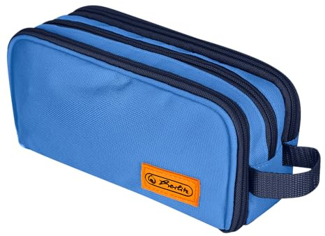 Schulmäppchen Kulturbeutel 3-Fach Herlitz Neon Blau - 3 Fächer, Klapptasche, Netztasche, Griff, Blau-Navy (23,5x11x7,5cm)