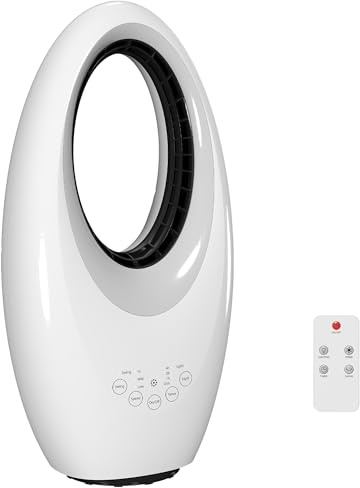 HOMCOM Turmventilator ohne Rotorblätter, leiser Ventilator mit 60° Oszillation, LED-Beleuchtung, 3 Geschwindigkeiten, 7,5-Stunden-Timer, Fernbedienung für Schlafzimmer, Weiß