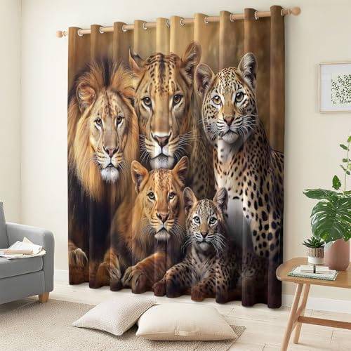 CozyRest Blickdichter Thermovorhang, Kälte - Hitzeschutz Vorhänge, Verdunkelungsvorhang für Kinder Teenager Mädchen Jungen, mit Muster Löwe Leopard Luchs Wildtiere, H215 x B110 cm, 2er Set